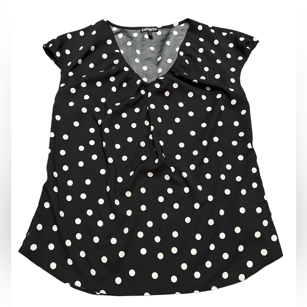 EXPRESS Womens Sz L Black White Polka Dot Short Sleeve V Neck - Picture 1 of 8